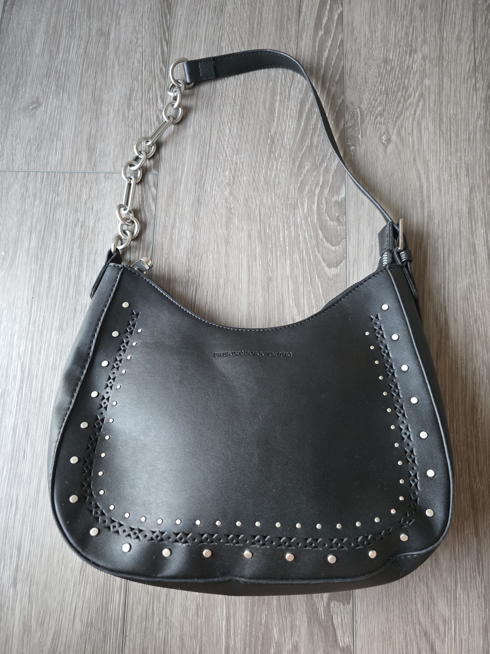 French Connection Black Studded Hobo Shoulder Bag Silver Chunky Chain Strap Moto